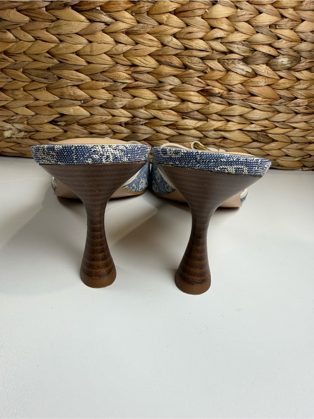 GUESS Denim Logo Buckle Slip-On Mules in Blue and Cream - Picture 5 of 7